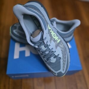 Hoka Light Gray Running Shoes with Lime Logo